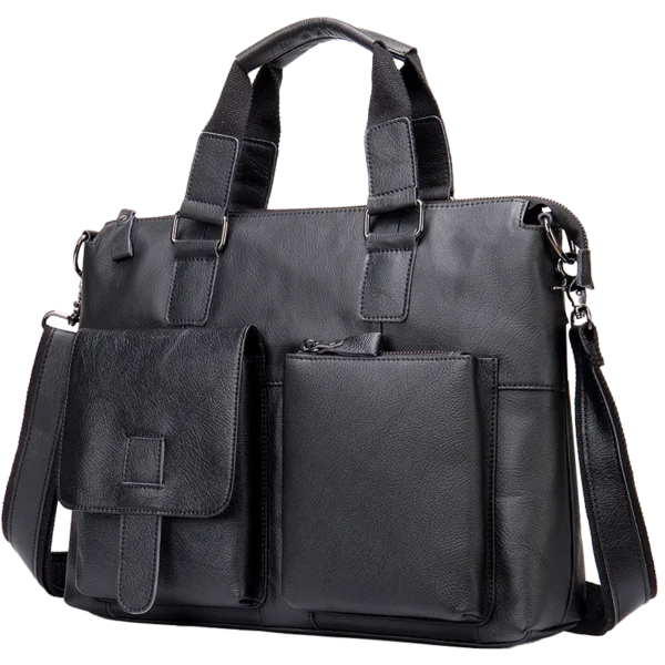 首图 Black leather business tote bag with front pockets, studio shot