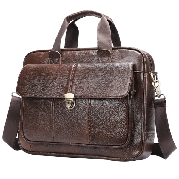 首图 Classic brown leather briefcase with multiple compartments, plain background