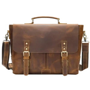 首图 Classic brown leather briefcase with shoulder strap, plain background