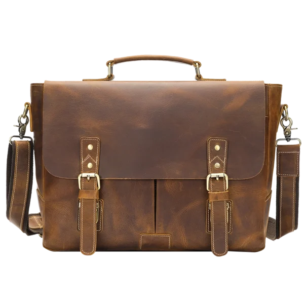 首图 Classic brown leather briefcase with shoulder strap, plain background