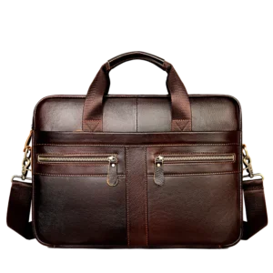 首图 Classic brown leather briefcase with dual pockets, studio shot
