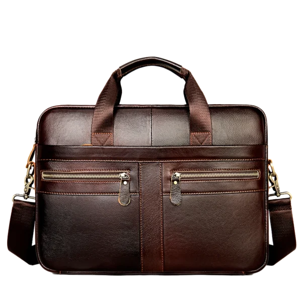 首图 Classic brown leather briefcase with dual pockets, studio shot