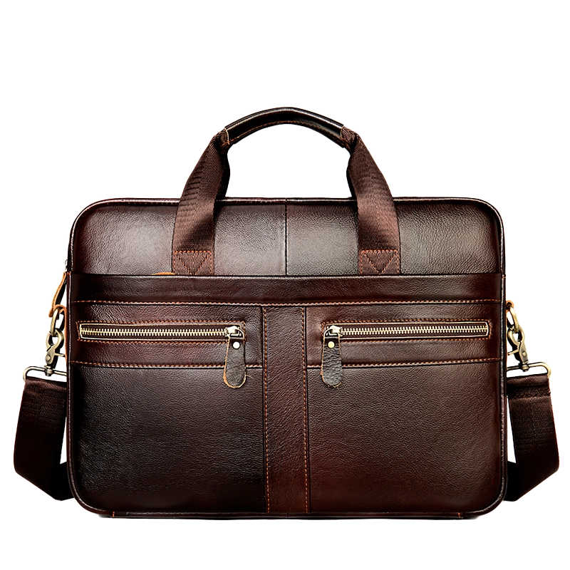Classic brown leather briefcase with dual pockets, studio shot