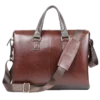 Classic brown leather briefcase with crossbody strap, studio shot