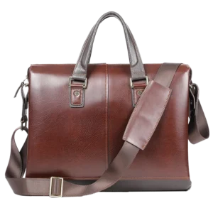首图 Classic brown leather briefcase with crossbody strap, studio shot
