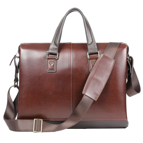 Classic brown leather briefcase with crossbody strap, studio shot