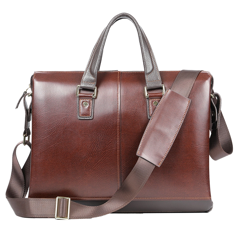 Classic brown leather briefcase with crossbody strap, studio shot