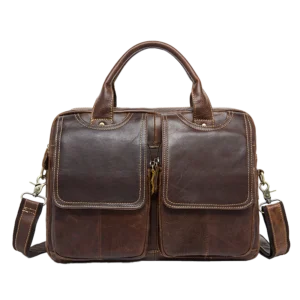 首图 Classic brown leather briefcase with dual pockets, studio shot
