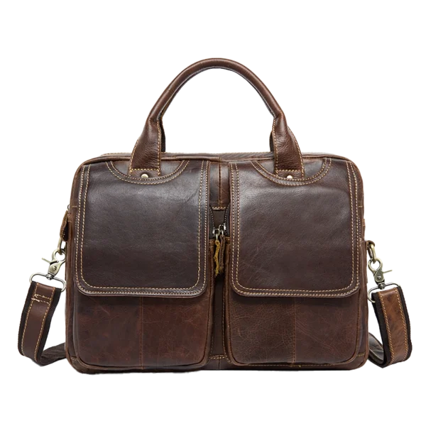 首图 Classic brown leather briefcase with dual pockets, studio shot