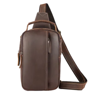 Vintage brown leather sling backpack, plain background