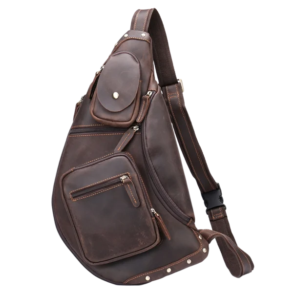 首图 Vintage brown leather sling backpack, studio shot