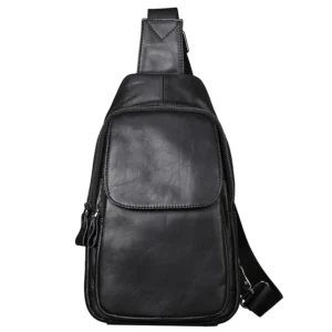 Black leather sling backpack, studio shot