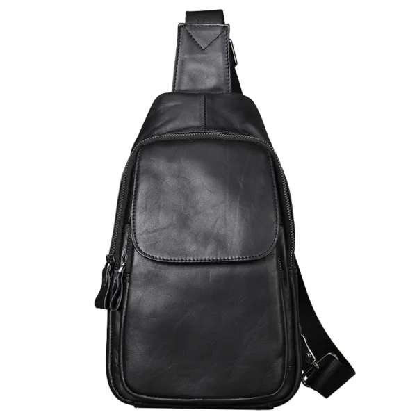 首图 Black leather sling backpack, studio shot