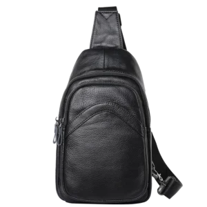 Black leather sling backpack, plain background