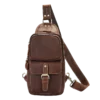 Vintage brown leather sling backpack, studio shot
