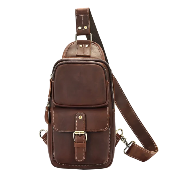 Vintage brown leather sling backpack, studio shot
