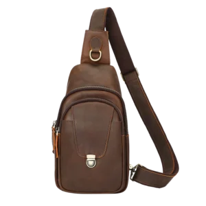 Dark brown leather sling bag, studio shot