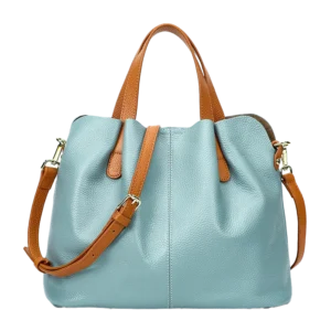 Vintage light blue leather tote bag, plain background