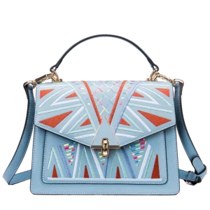 Patterned blue leather crossbody bag, plain background
