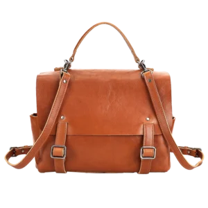 Classic tan brown leather satchel with buckle closure