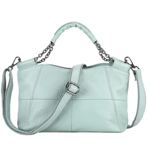 Vintage light blue leather hobo bag, studio shot