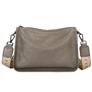 Grey leather hobo bag 4-angle collage, front/side/inner views