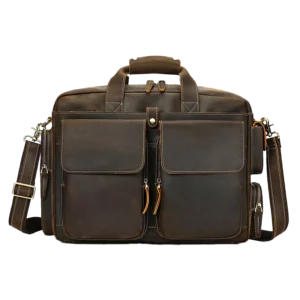 Leather briefcase multi-angle display, front/side/inner views