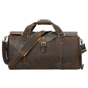 Vintage brown leather duffle bag with buckle closure, studio shot