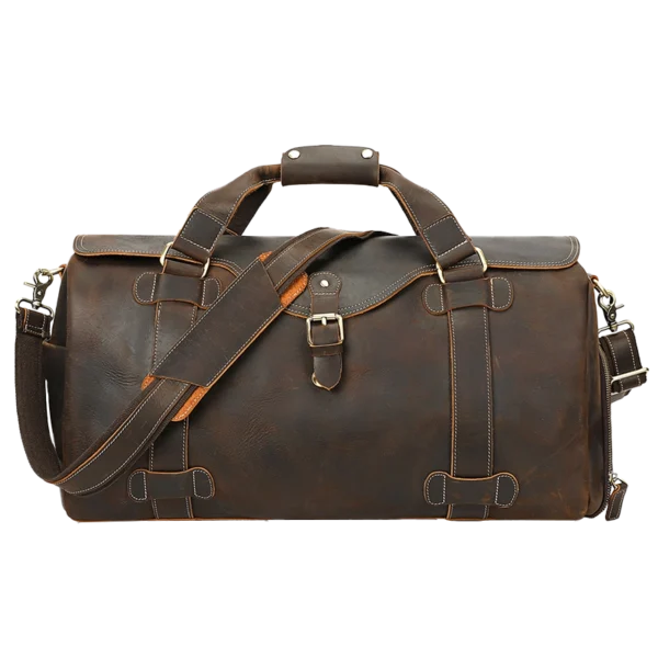 首图 Vintage brown leather duffle bag with buckle closure, studio shot