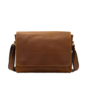 Brown leather messenger bag, plain white background
