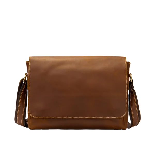 首图 Brown leather messenger bag, plain white background