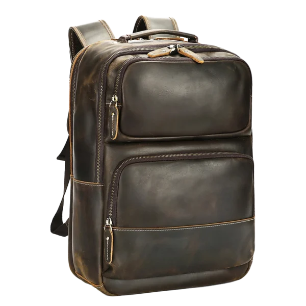 首图 Dark brown leather backpack, white background