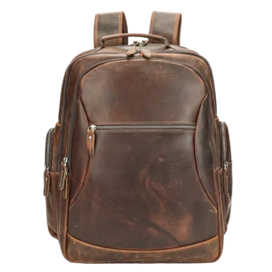 Classic brown leather backpack, minimalist studio shot