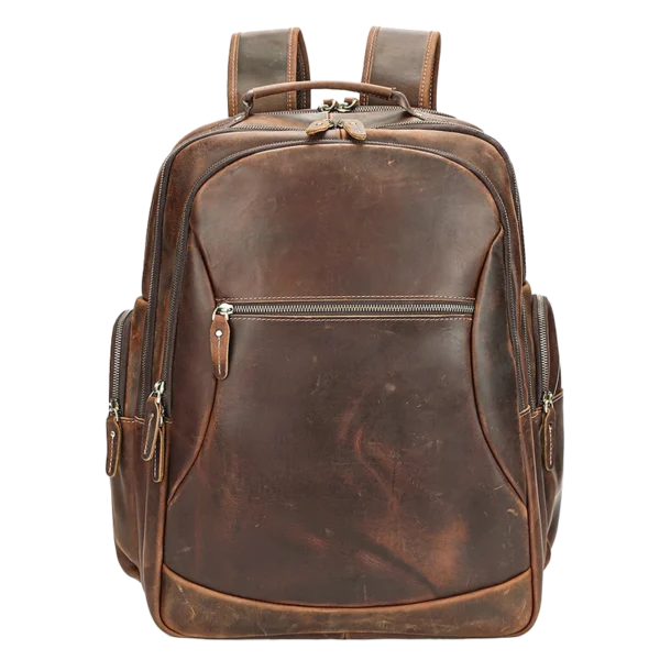Classic brown leather backpack, minimalist studio shot
