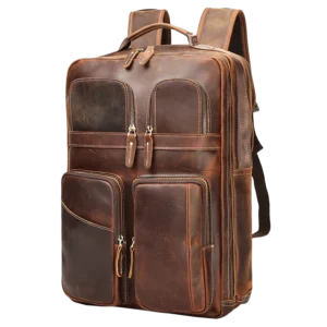 Classic brown leather backpack with multiple pockets, studio shot