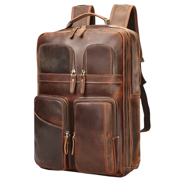 首图 Classic brown leather backpack with multiple pockets, studio shot