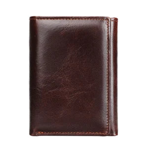 Dark brown leather bifold wallet, simple studio shot