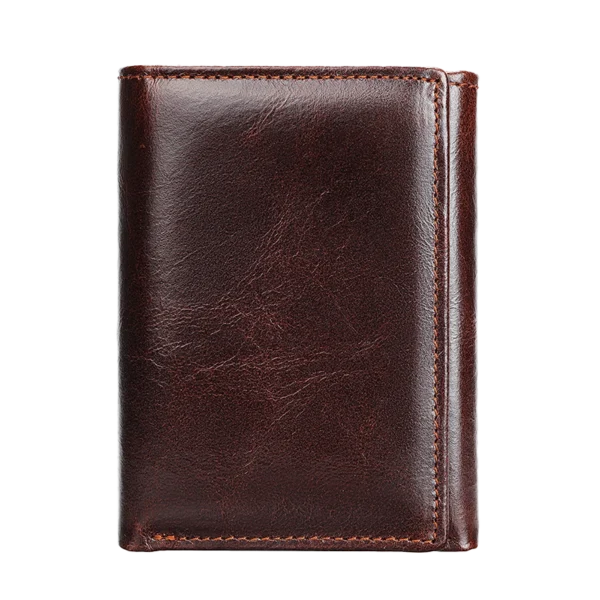 Dark brown leather bifold wallet, simple studio shot
