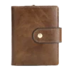 Vintage brown leather wallet with snap closure, front view