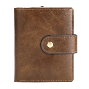 Vintage brown leather wallet with snap closure, front view