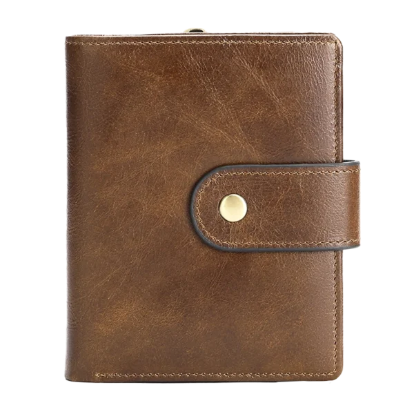 Vintage brown leather wallet with snap closure, front view