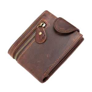 Vintage brown leather zip wallet with snap closure, product shot