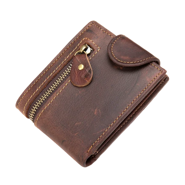 Vintage brown leather zip wallet with snap closure, product shot