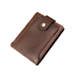 Vintage brown leather wallet with snap closure, plain studio shot
