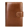 Brown leather bifold wallet with snap closure, studio shot