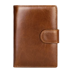 Brown leather bifold wallet with snap closure, studio shot