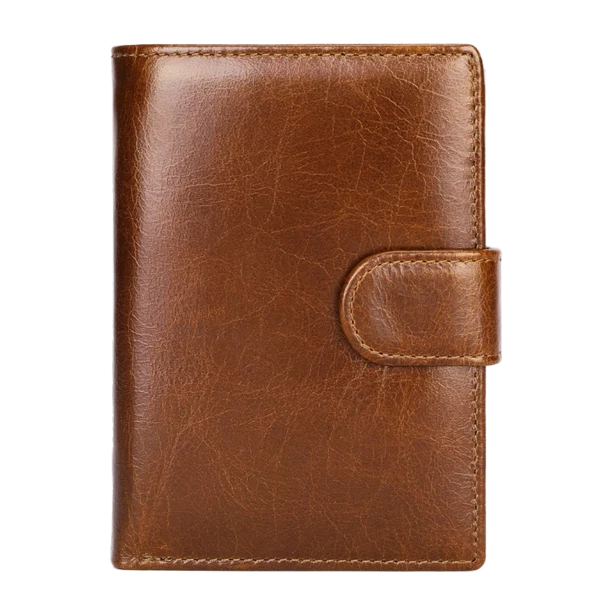 Brown leather bifold wallet with snap closure, studio shot