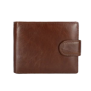 Classic brown leather snap bifold wallet, plain studio background