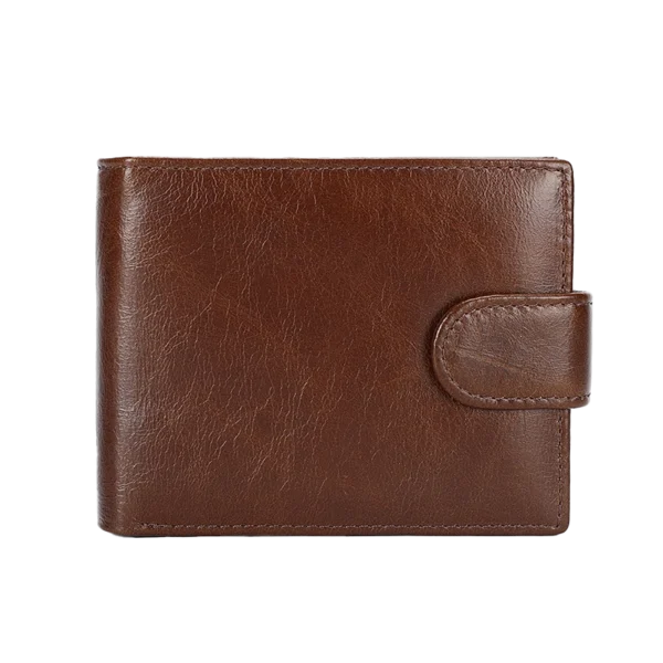 Classic brown leather snap bifold wallet, plain studio background