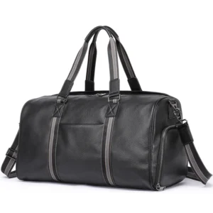 Black leather large duffle bag with multiple compartments, plain background